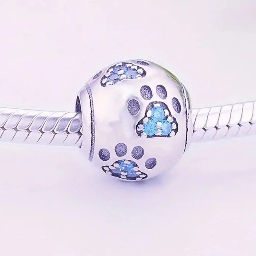 S925 Sterling Silver PAW PRINT Charm/Pendant with Blue Zirconia Accents - NWT